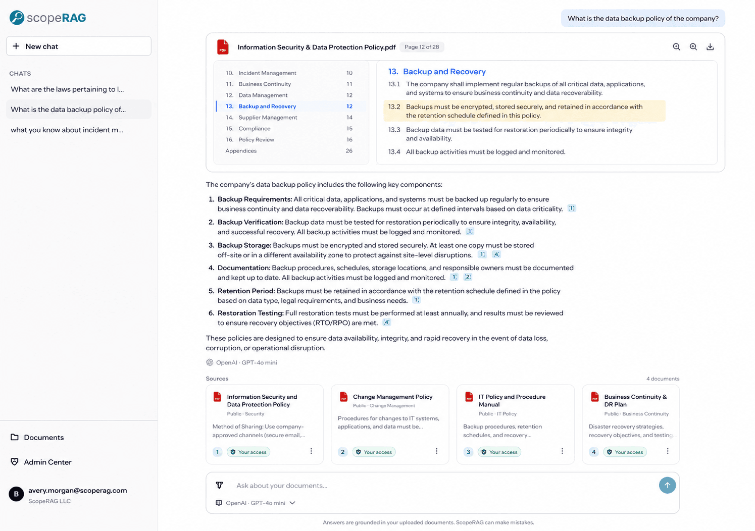 ScopeRAG answering a question with permission-filtered company sources